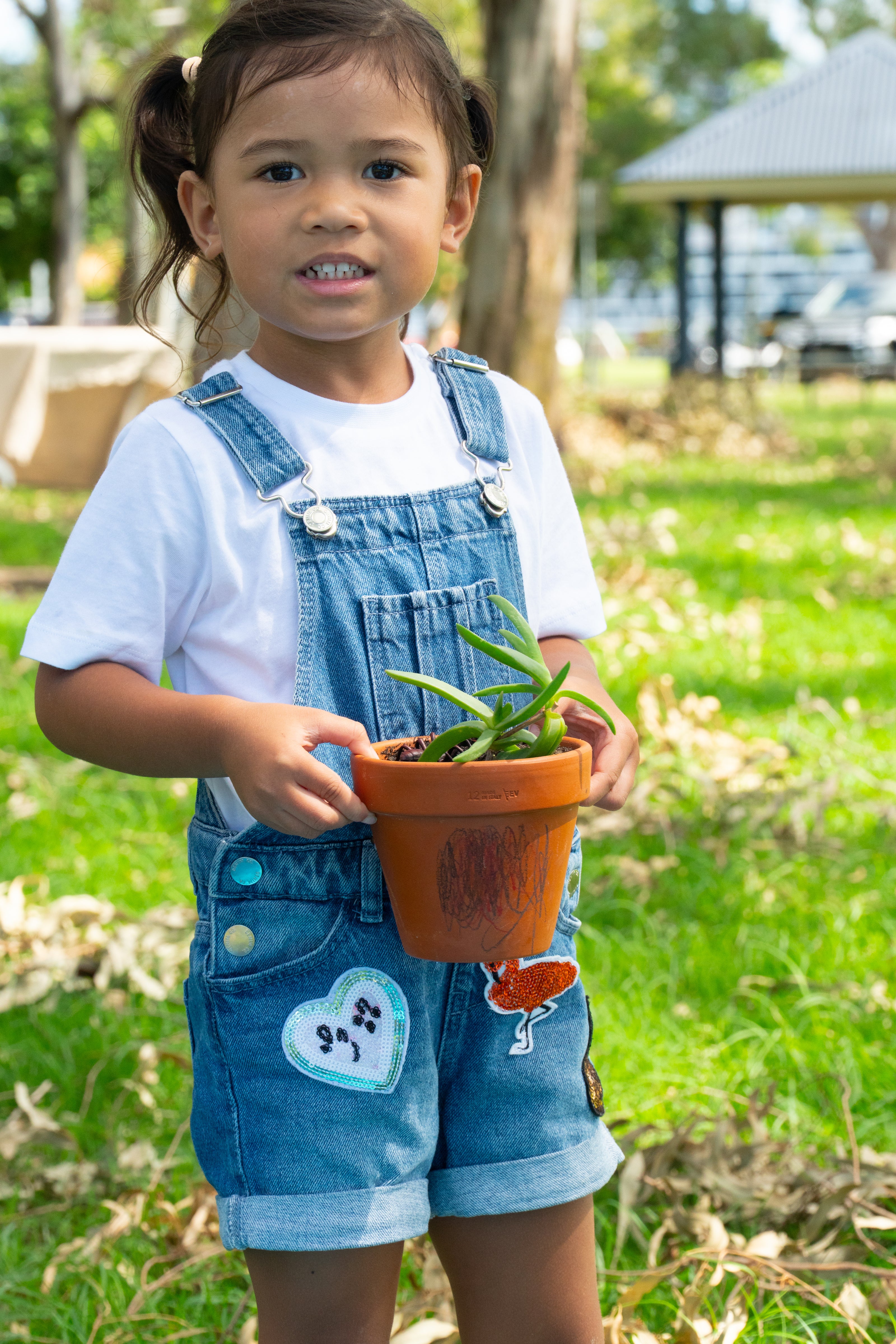 A young girl is holding her completed, decorated EnviroMentoring Paint and Plant kit with a native pigface plant in her terracotta pot. She is wearing overalls and is smiling up at the camera.
